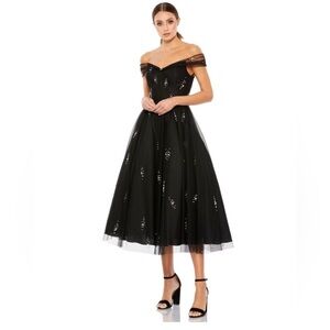 Mac Duggal Black Embellished Off-Shoulder Midi Dress